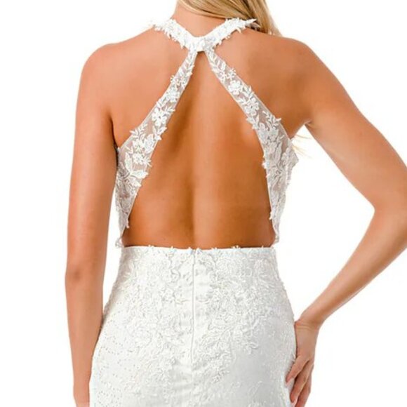 New Sheath Off White Long Wedding Gown w/ Halter Neck & Floral Lace TC MS0022 - Picture 7 of 8
